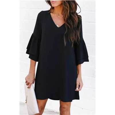 Black Pearl V-neck Flared Sleeve Short Dress