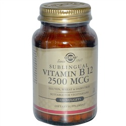 Solgar, Сублингвальный витамин В12, 2500 мкг, 120 наггетсов