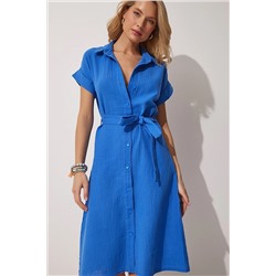 Happiness İstanbul Kadın Mavi Kuşaklı Keten Gömlek Elbise MX00046