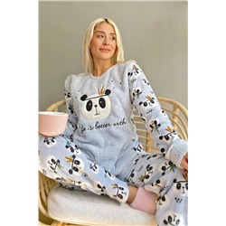 Pijamaevi Mavi Life Panda Desenli Kadın Peluş Pijama Takımı 1889