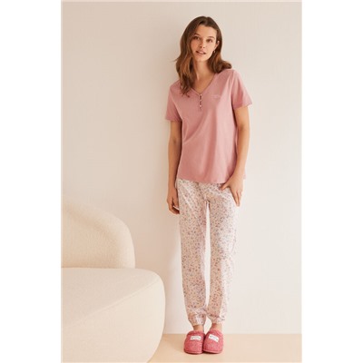 Pijama largo 100% algodón flores manga corta