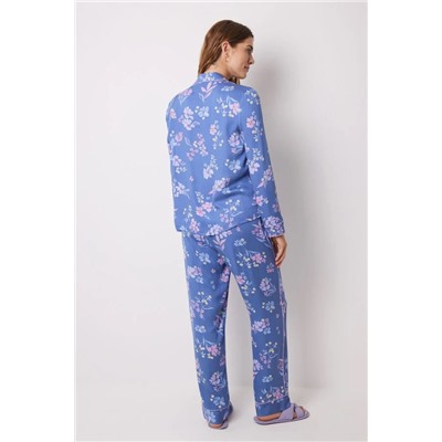 Pijama camisero soft touch azul flores