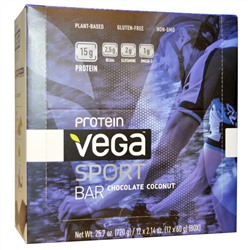 Vega, Спортивный белковый батончик со вкусом шоколада и кокоса, 12 батончиков по 2,14 унций (60 г)