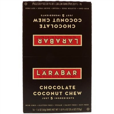 Larabar, Тянучка с кокосом и шоколадом, 16 батончиков, 1,6 унции (45 г) каждый