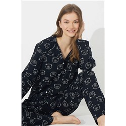 Siyah İnci Siyah Pamuklu Düğmeli Pijama Takımı 7611