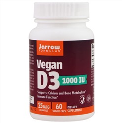 Jarrow Formulas, Витамин D3 для веганов, 1000 IU, 60 вегетарианских капсул