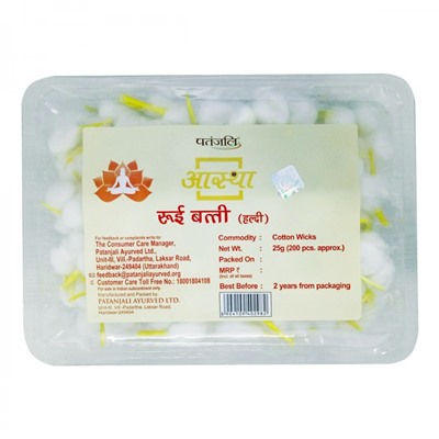 PATANJALI Aastha Cotton Wicks Haldi  Хлопковые фитили с ароматом куркумы 25г