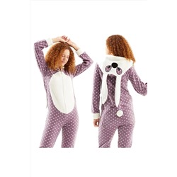 Ecrou Kadın Lila Tavşan Puantiyeli Arkası Fermuarlı Polar Tulum Kapüşonlu Pijama Takımı MM0000338