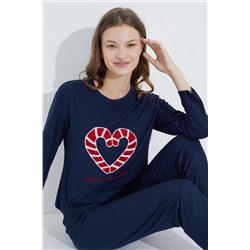 Siyah İnci lacivert kalp nakışlı Jogger Örme Pijama Takım 7703