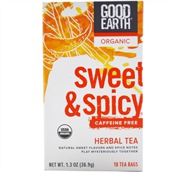 Good Earth Teas, Органический травяной чай, сладковато-пряный, без кофеина, 18 чайных пакетиков, 1.3 унции (36.9 г)