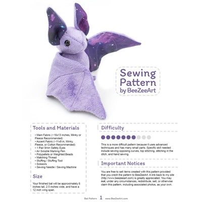 Stuffed Animal Bat Sewing Pattern, Plush Toy Pattern, PDF