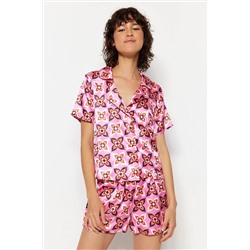 TRENDYOLMİLLA Çok Renkli Geometrik Saten Gömlek-Şort Dokuma Pijama Takımı THMSS23PT00186