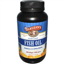 Barlean's, Fresh Catch, Рыбий жир, Омега-3 EPA/DHA, Вкус апельсина, 1000 мг, 250 гелевых капсул