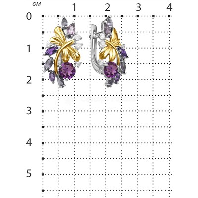 Серьги из серебра с нат.аметистом, синт.александритом, фианитами и позолотой родированные