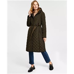 DKNY Women's Hooded Belted Quilted Coat