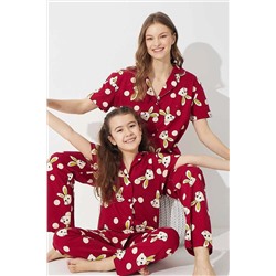 Siyah İnci Bordo Tavşan Desenli Pamuklu Düğmeli Örme Pijama Takım 7623