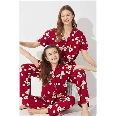 Siyah İnci Bordo Tavşan Desenli Pamuklu Düğmeli Örme Pijama Takım 7623