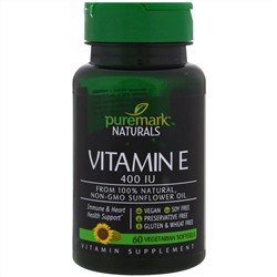 PureMark Naturals, Витамин Е, 400 МЕ, 60 вегетарианских капсул