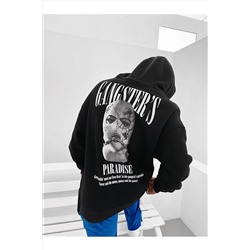 ufukmodaErkek Siyah Gangster Paradise Baskılı Oversize 3 Iplik Kapüşonlu Sweatshirt