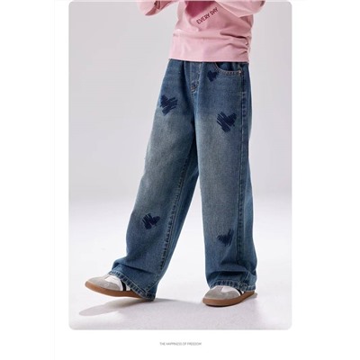 Модные прямые детские джинсы с вышивкой и эластичной резинкой на талии, новая весенняя коллекция