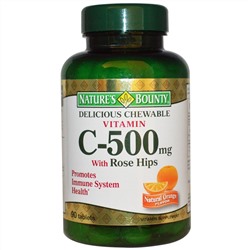 Nature's Bounty, Вкусный жевательный витамин С-500 мг, с шиповником, натуральный апельсиновый вкус, 90 таблеток