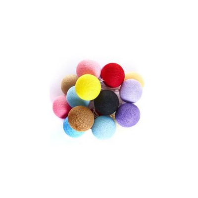 Тайская гирлянда с разноцветными шариками(Большие ) пастельных тонов из хлопковых нитей (розовый, сиреневый, коричневый, черный, желтый, красный) 20 шариков / Lightening balls multicolor pastel with black, brown, yellow, pink, violet, blue, red