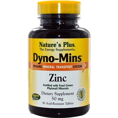 Nature's Plus, Dyno-Mins, цинк, 50 мг, 90-кислотоустойчивых таблеток