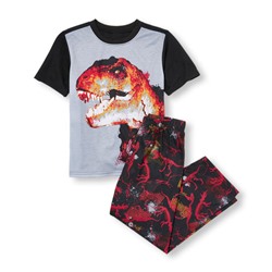 Boys Short Sleeve Grunge T-Rex Graphic Top And Printed Pants PJ Set