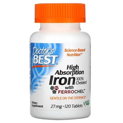 Doctor's Best, High Absorption Iron with Ferrochel, 27 mg, 120 Tablets