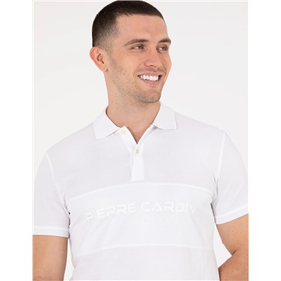 Beyaz Slim Fit Göğüs Baskılı Polo Yaka Tişört