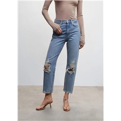 Jeans rectos tiro alto rotos -  Mujer | MANGO OUTLET España