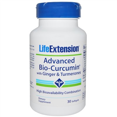 Life Extension, Обогащенный био-куркумин, с имбирем и турмеронами, 30 желатиновых капсул
