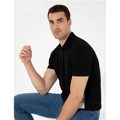 Siyah Slim Fit Fermuar Detaylı Polo Yaka Tişört