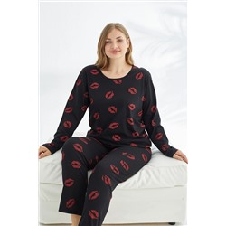 Siyah İnci siyah dudak desenli Curve Büyük Beden Battal boy Pamuklu Pijama Takımı 7683