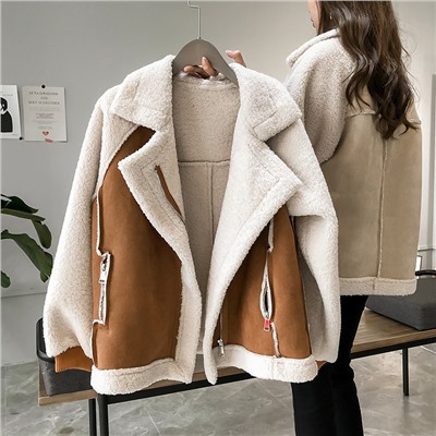 Зимняя новая стильная куртка из овечьей шерсти с большим отворотом, женская свободная куртка в стиле BF, меховая однотонная замшевая мотоциклетная куртка