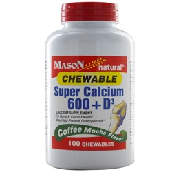 Mason Naturals, Супер кальций 600 + D3, жевательные таблетки, со вкусом кофе мокко, 100 жевательных таблеток