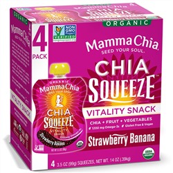 Mamma Chia, Органический сок чиа, энергетическая закуска, клубника-банан,  4 пластиковых бутылки, 3.5 унции (99 г) шт.