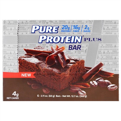 Pure Protein, Plus Bar, брауни мокка, 6 батончиков, 2.11 унц. (60 г.)