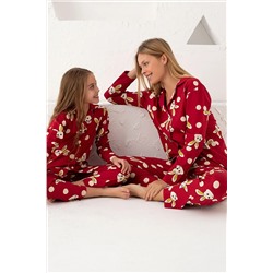 Siyah İnci Bordo Pamuklu Düğmeli Pijama Takım 7588