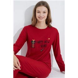 Siyah İnci Yılbaşı Temalı Kırmızı Hediye Paketi Nakışlı Jogger Örme Pijama Takım 7703