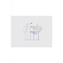 United Colors of BenettonKız Çocuk Beyaz Simli Slogan Baskılı T-shirt
