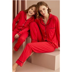 Siyah İnci Kırmızı-siyah Pamuklu Düğmeli Cepli Biyeli Uzun Kollu Pijama Takımı 7554