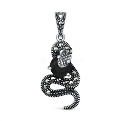 Подвеска змея из чернёного серебра с плавленым кварцем цвета чёрный и марказитами