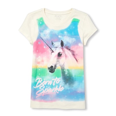 Girls Short Sleeve 'Born To Sparkle' Unicorn Graphic Tee
