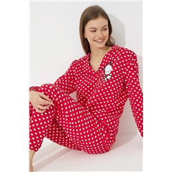 Siyah İnci Kırmızı Puanlı Örme Düğmeli Pijama Takımı 7605