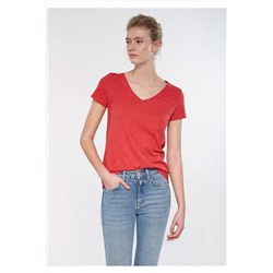 Mavi V Yaka Kırmızı Basic Tişört Slim Fit / Dar Kesim 168260-30734