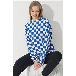 Siyah İnci Mavi-beyaz Dama Desenli Eşofman-sweatshirt Takım 7620