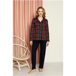 AHENGİM Woman Kadın Pijama Takımı Ekose Boydan Düğmeli Üst Desenli Altı Düz Pamuklu Mevsimlik W20502277 1-2-10001221