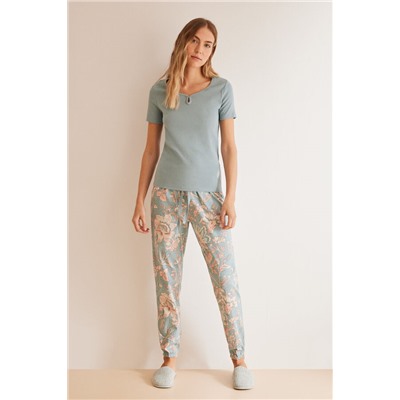 Pijama 100% algodón pantalón flores azul