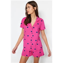 TRENDYOLMİLLA Pembe Kalp Desenli Pamuklu Gömlek-Şort Örme Pijama Takımı THMSS21PT0756
